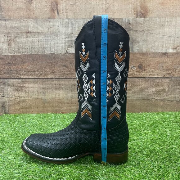 Women's Western Rodeo Cowgirl Black Square Toe Genuine Leather Handwoven Boots - Picture 5 of 8